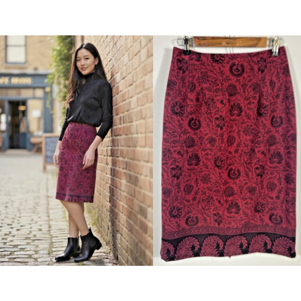 Briggs Suede Velour Skirt Sz 8P Midi Burgundy Red Black Floral Western Romantic